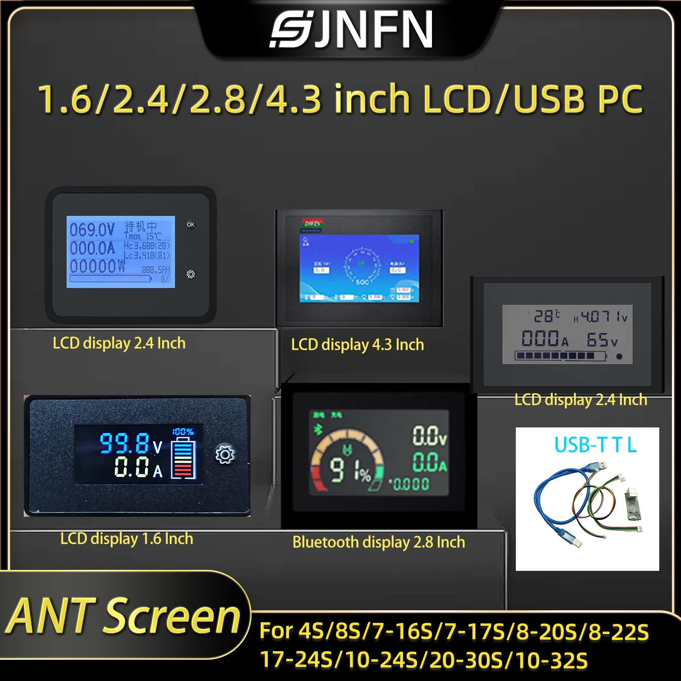 Bluetooth LCD Display Screen for Ant BMS 1.6-4.3 Inch 4S-24S 24V-96V LiFePO4 Battery Smart Monitor Replacement Accessories