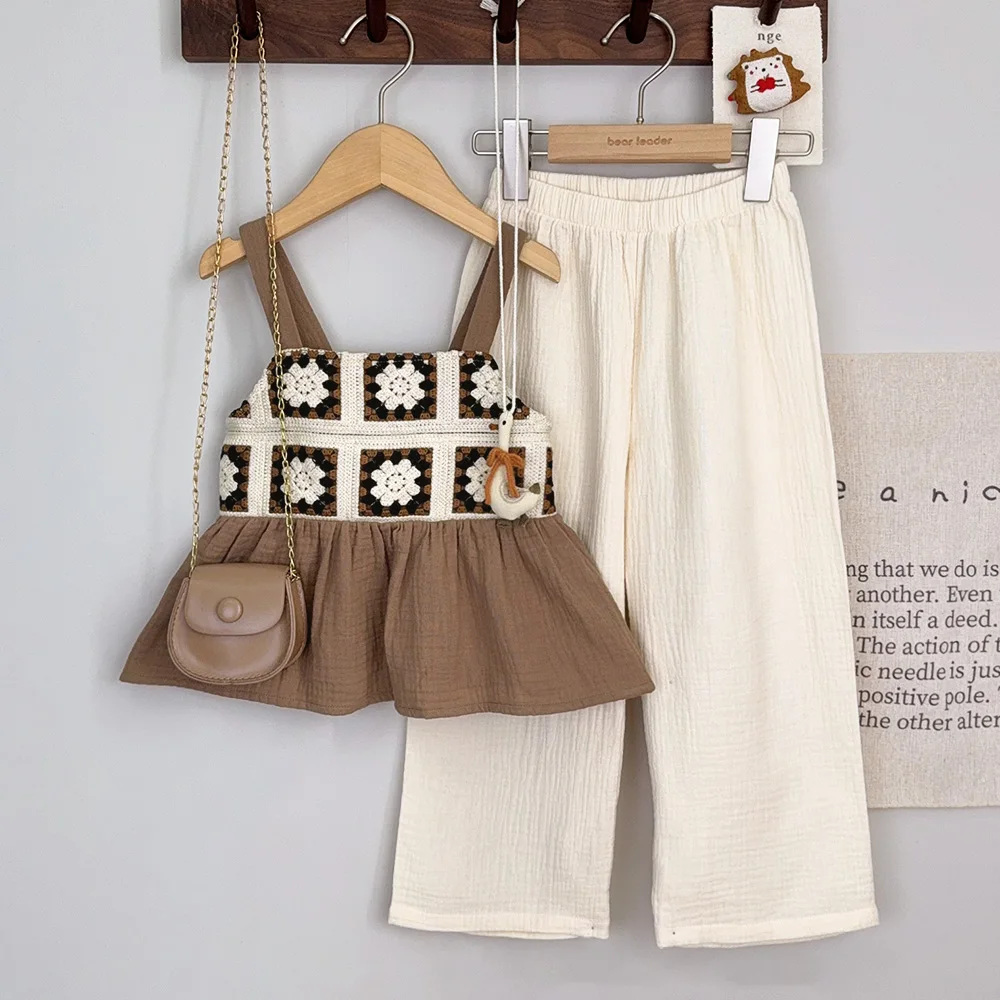 Bear Leader Girls' Summer Clothes Brown Retro Printed Plaid Top + Beige Pants Two-piece Set 3-7 Years Old Kids Casual Wear