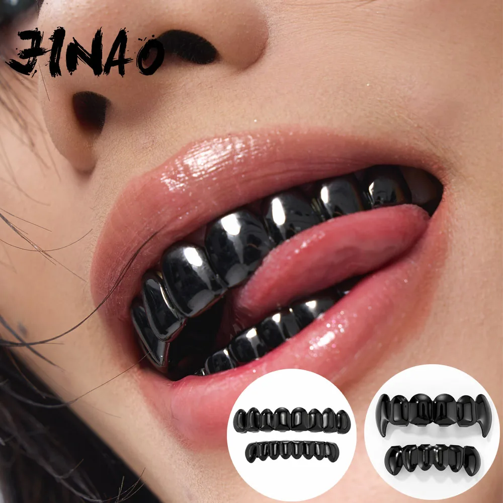 JINAO Hip Hop 6-8 Teeth Smooth Surface Light Black Color Grillz Set Men Women Top & Bottom Shiny Grill Punk Rapper Christmas
