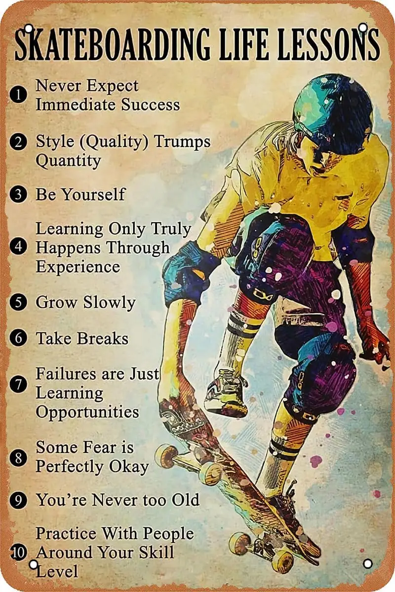 Skateboarding Life Lessons Skateboard Boy Poster Vintage Tin Sign for Cafe Bar Man Cave Garage Bedroom Home Wall Art Decor Boys