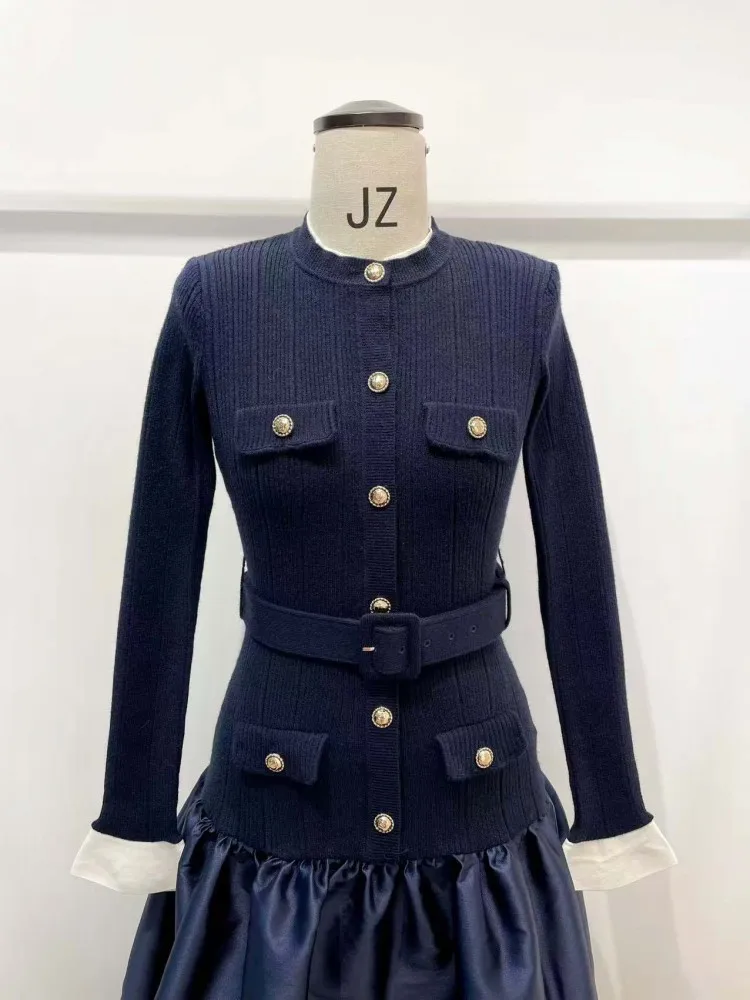 Büro Damen Elegante Designer Dunkelblau Slim Fit Mittlere Taille Herbst Winter Frauen Langarm O Neck Patchwork Lange Stil Kleider