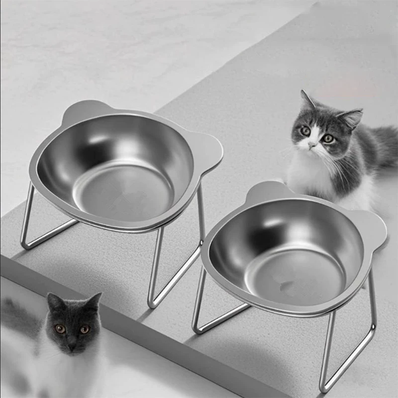 Bols surélevés pour chat, protège-cou incliné, bol de nourriture pour chat en acier inoxydable 304, incassable, surélevé 15 °   Fournitures pour animaux de compagnie pour chiot chat