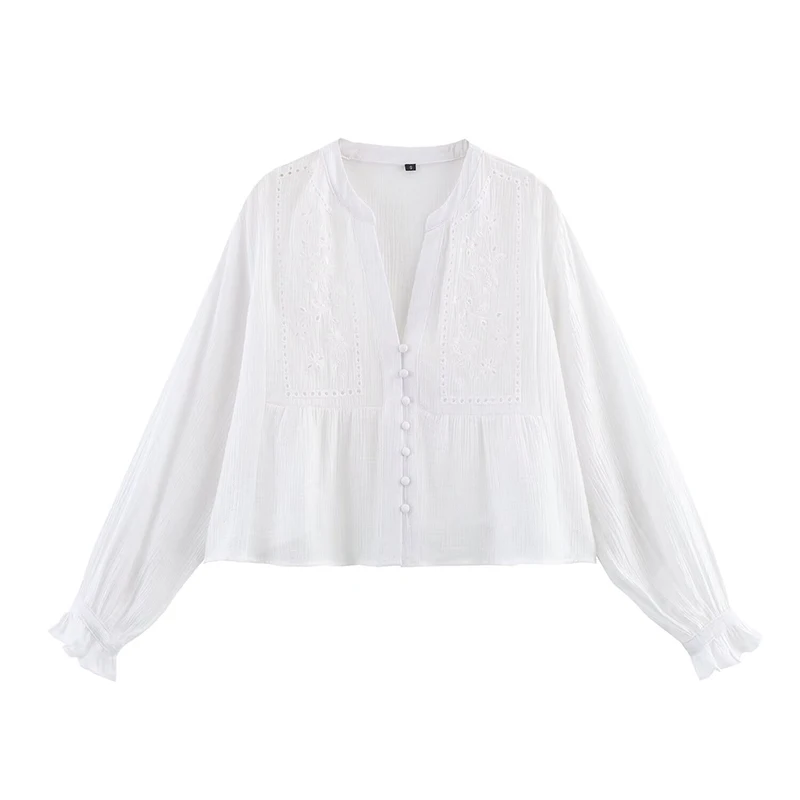 

YENKYE Spring 2025 Women Hollow Out Embroidery Cropped Shirt Long Sleeve V Neck Casual White Blouse Streetwear Blusas Mujer