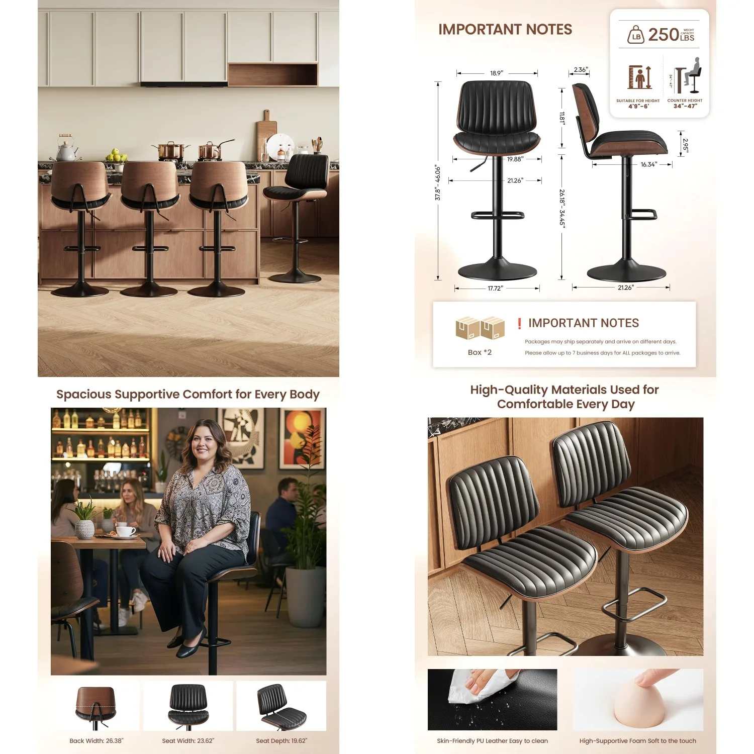 

Adjustable Swivel Bar Stools Set of 4 26-34.5in Faux Leather Counter Height with Footrest for Kitchen Dining, Customized
