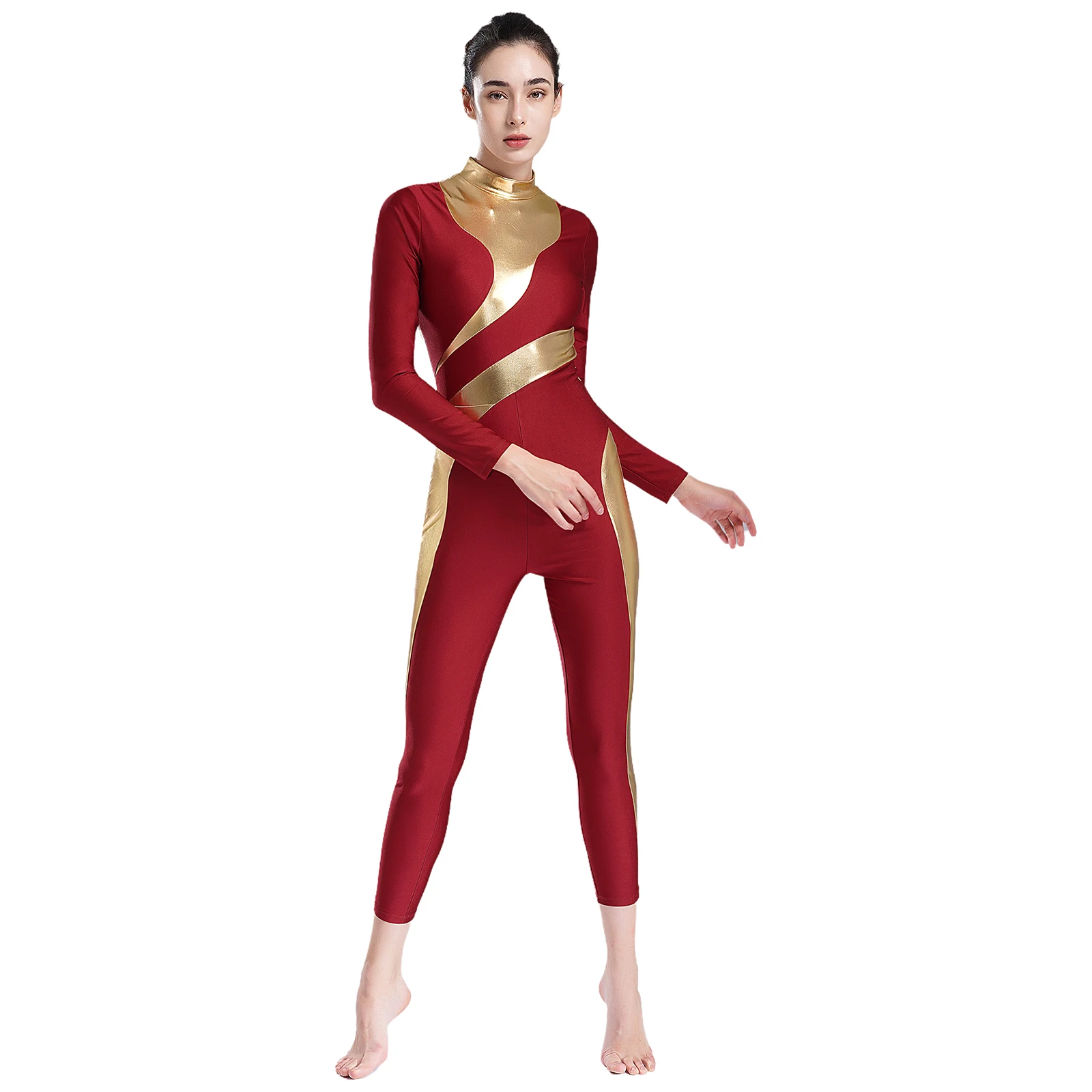 Women Dance Leotards Gymnastics Performance Costume Mock Neck Long Sleeve Metallic Shiny Patchwork Jumpsuit Skating Dancewear