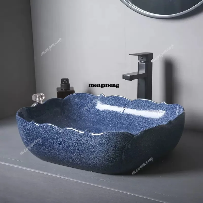 Bacia de mesa de arte pia quadrada azul única bacia personalidade criativa lavatório de banheiro pias de bancada de cerâmica com escorredor
