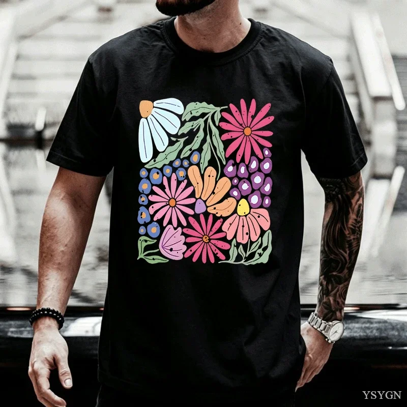 Trendy Boho Floral T-Shirt Soft Flower Graphic Tshirt Cute Spring Garden Botanical Top Summer Short Sleeve Men's Clothing Tops