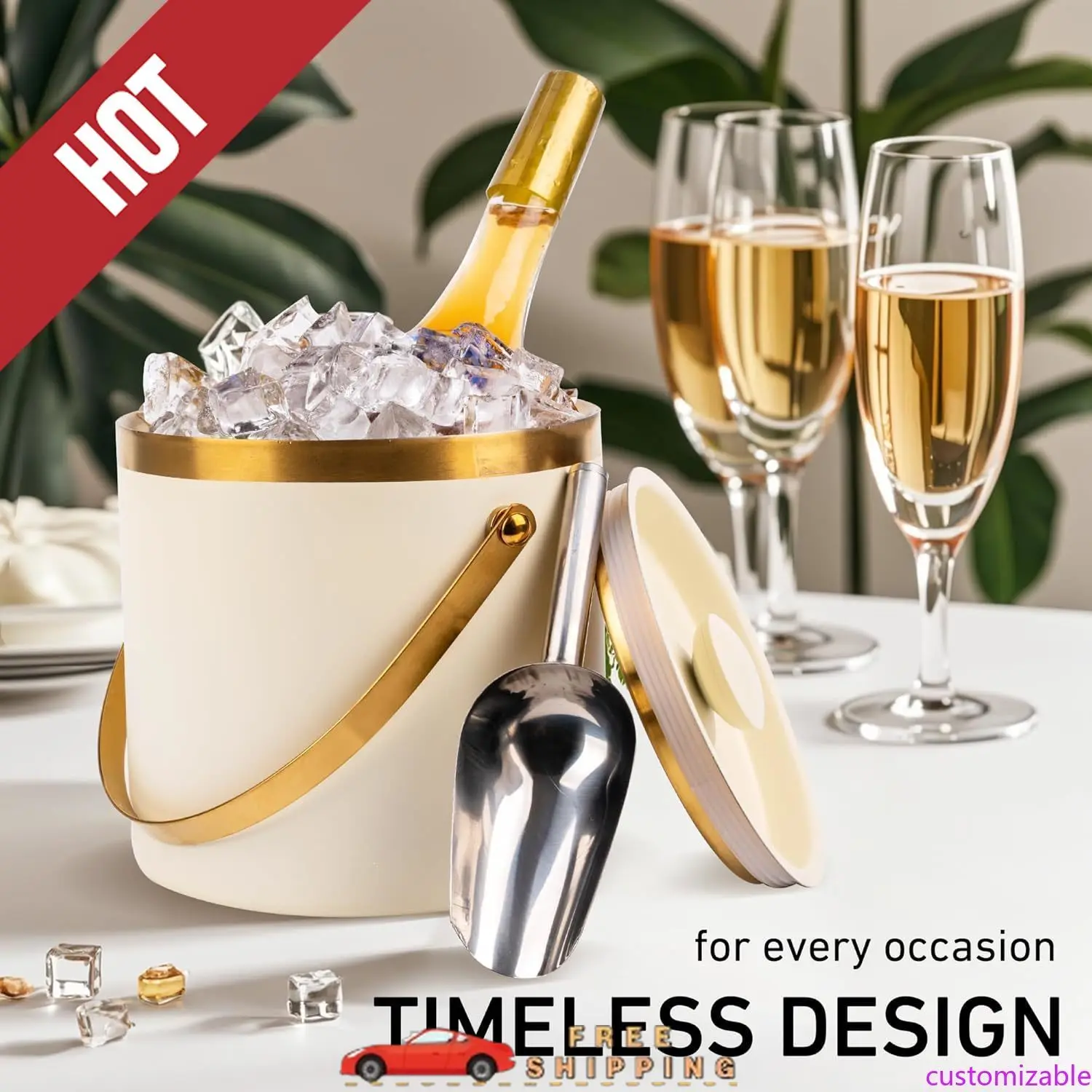 

Customizable 3L beige white Double Wall Insulated Stainless Steel Ice Bucket with scoop for Cocktail Bar,Metal Ice Bucket for fr