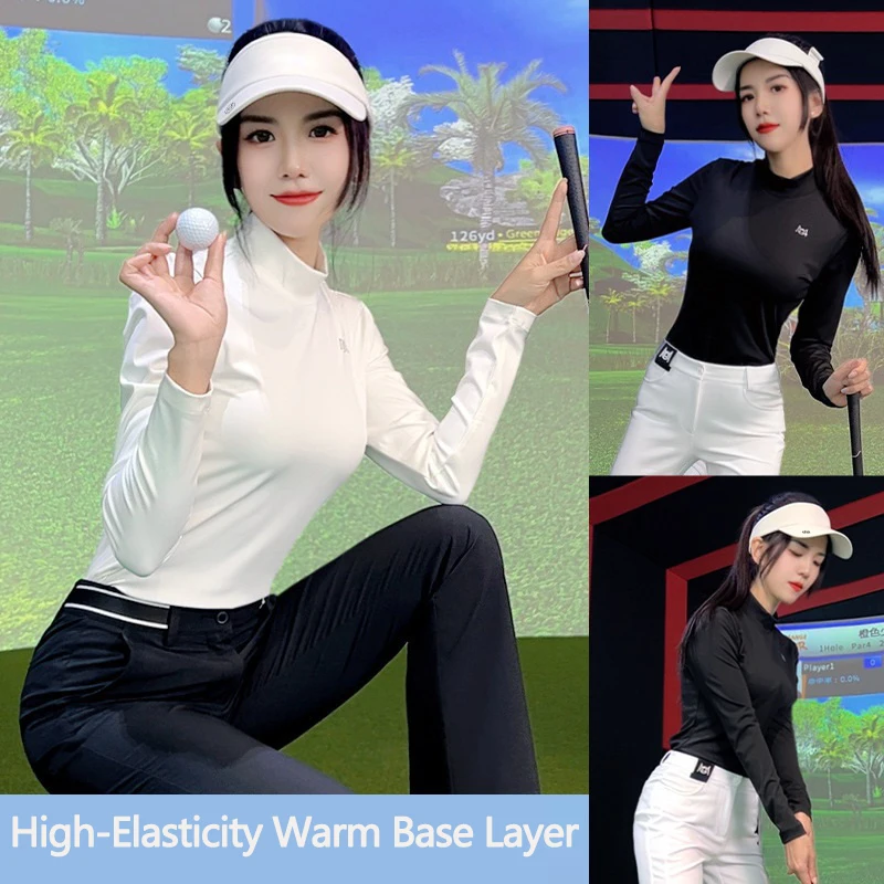 Pgm Womens Base Layer Golf Tops Long Sleeve Thick Underwear Winter Autumn Stand collar Golf Shirts Solid Casual Sportswear