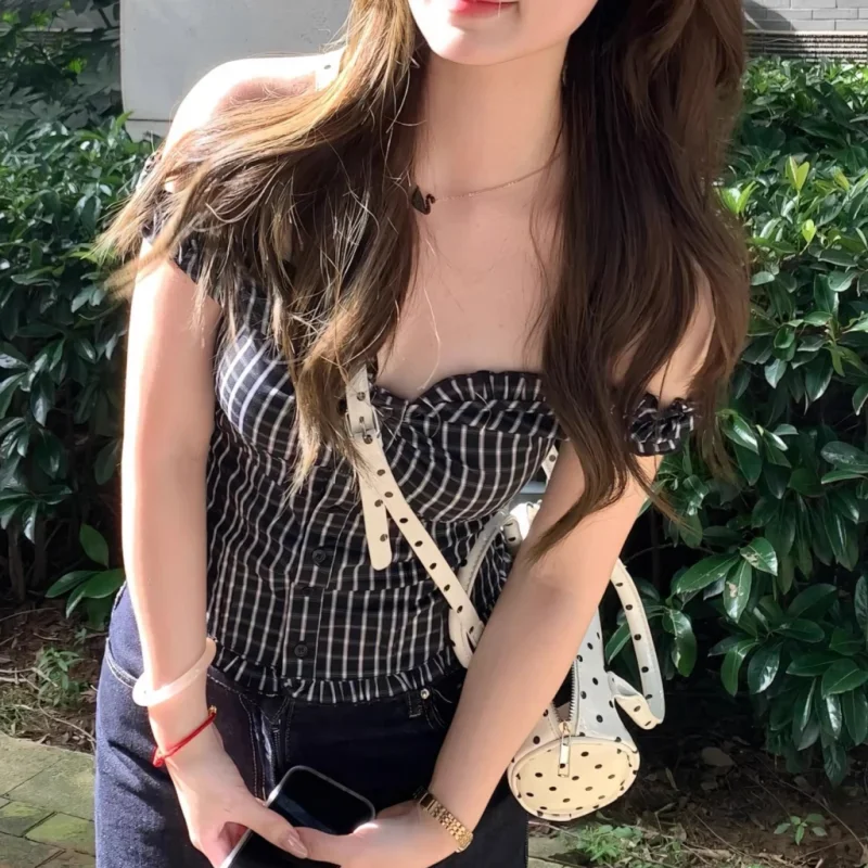 

Black Plaid T-shirt Women V Neck Single Breasted Puff Sleeve Slim Tee Shirts Summer New