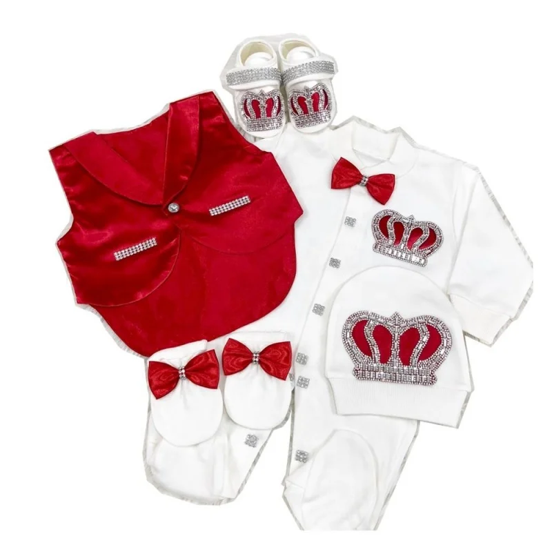 

Satin Vest Bow Tie Baby Footed Romper Newborn 0-9 Months 5Pcs White Red Prince Vest Crown Bow Royal Baptism Boutique Baby Gift