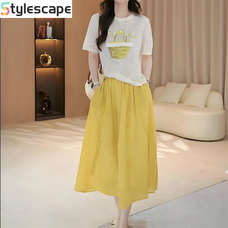 

Printed short sleeved T-shirt set for summer women 2026 new style, huge and beautiful plus size age reducing skirt two-piece set