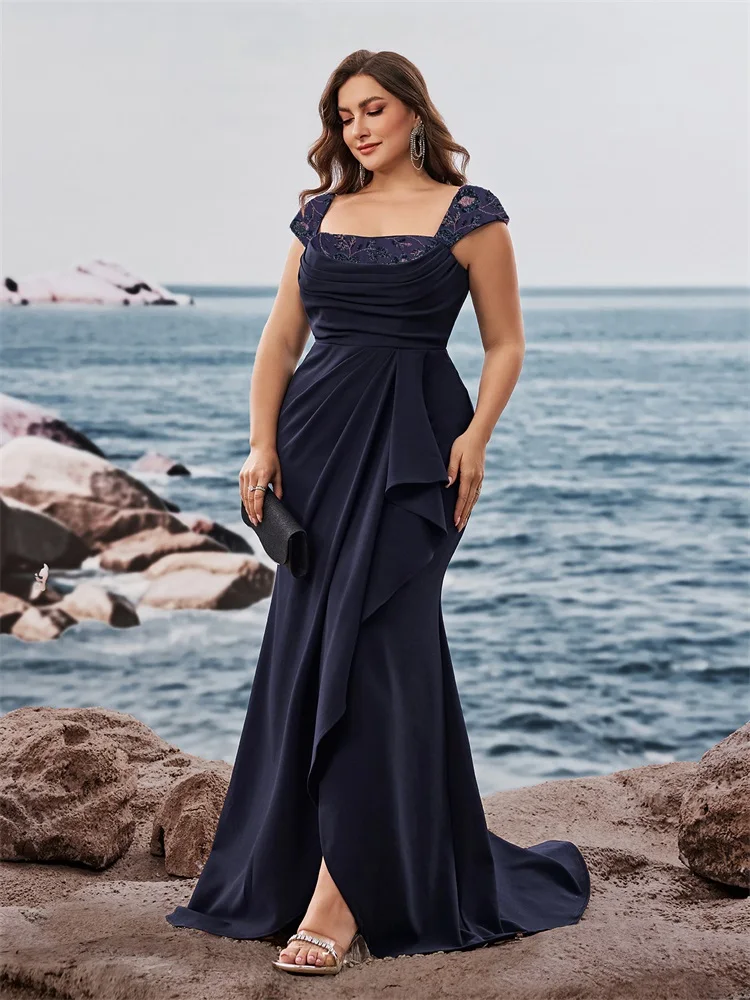 Lucyinlove Abiti da sera eleganti con paillettes Donne di lusso Colletto quadrato pieghettato Prom Party Lunghezza pavimento Abito da cocktail formale blu