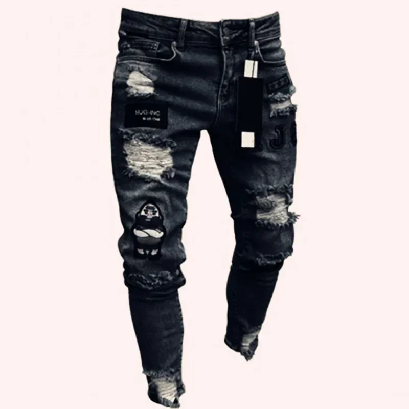 Men Skinny Slim Ankle Length Pencil Denim Pants Jeans Ripped Hole Zipper Fashion Casual Jeans Pants