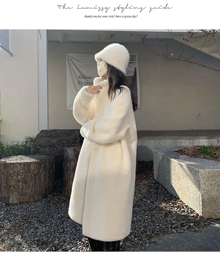 Women's Thick Faux Mink Fur Mid-length Coat Autumn Winter Fashion Stand Collar Plush Outerwear Women Elegant Warm Fluffy Jackets