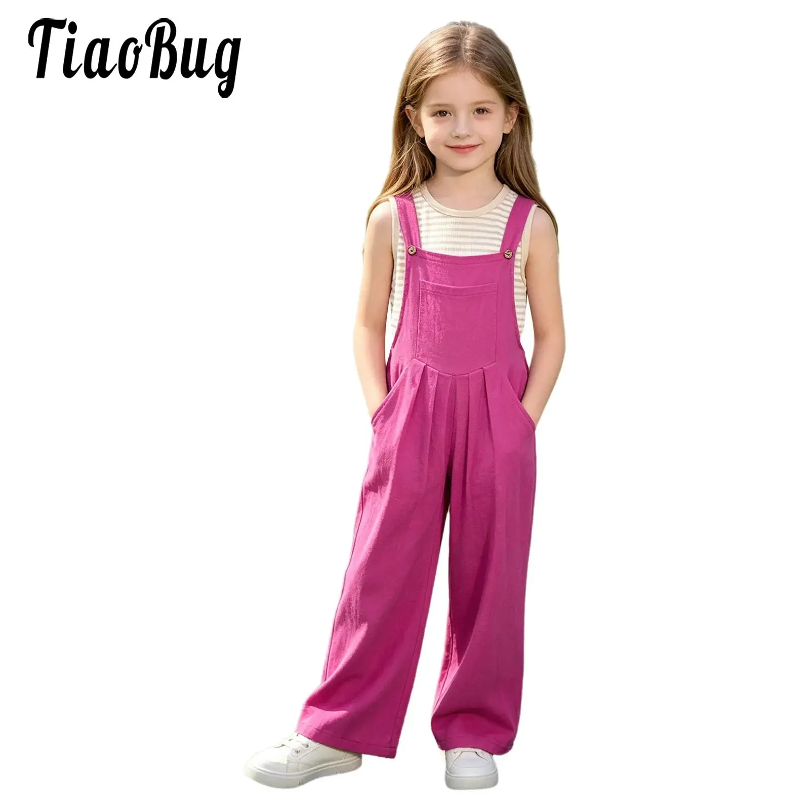 Kids Girls Loose Fit Pleated Overalls Wide Shoulder Straps Sleeveless Wide-leg Jumpsuit with Pockets for School Holiday Travel