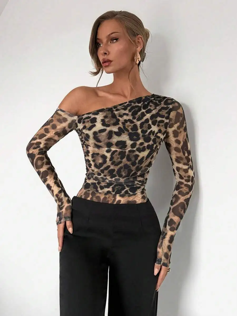 

Women's Asymmetrical Leopard Print Sheer Mesh Long Sleeve Bodysuit