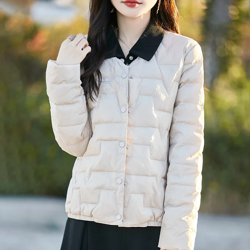 Abrigo de invierno para mujer, cuello POLO, modelo ligero, chaqueta cálida de plumón de pato blanco de manga larga, cárdigan de un solo pecho