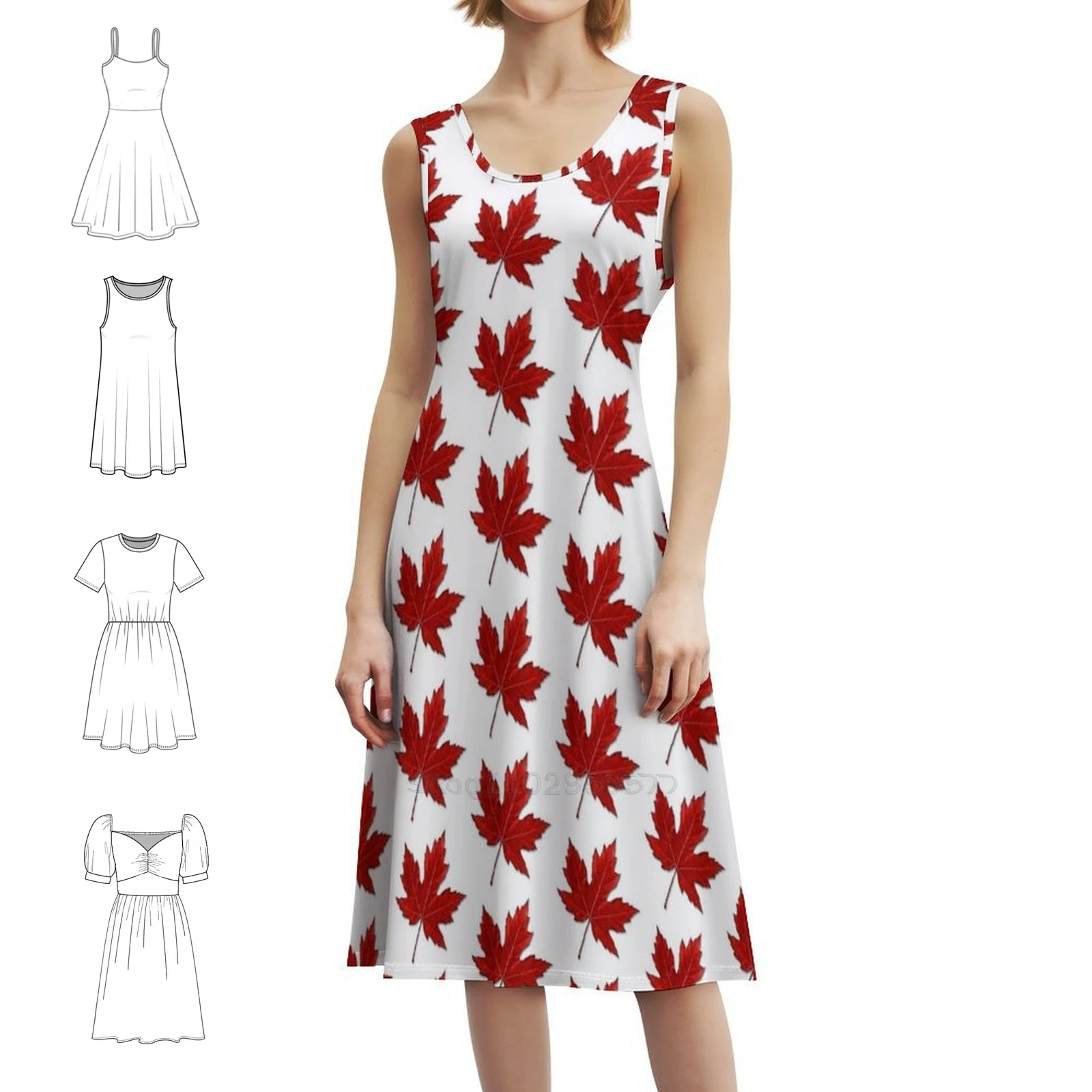 مابل ليف العلم الكندي فستان سموك الأزهار للنساء الربيع الصيف فستان كاجوال للحزب كندا يوم العلم الكندي مابل ليف