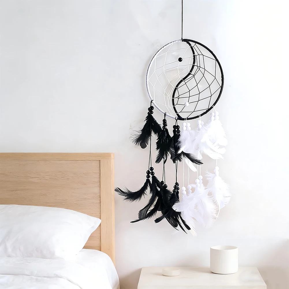 Yin Yang Tai Chi Black White Feather Dream Catcher for Wall Hanging Home Decor Meditation Ornament Supply Wholesale