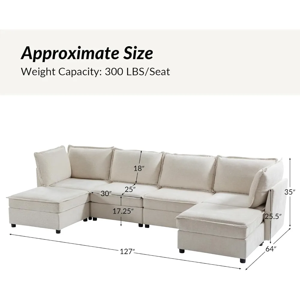 127 Inch Modular Segmented Sofa, Oversized U-shape with Storage Ottoman Style, Modern and Comfortable Chenille Sofa