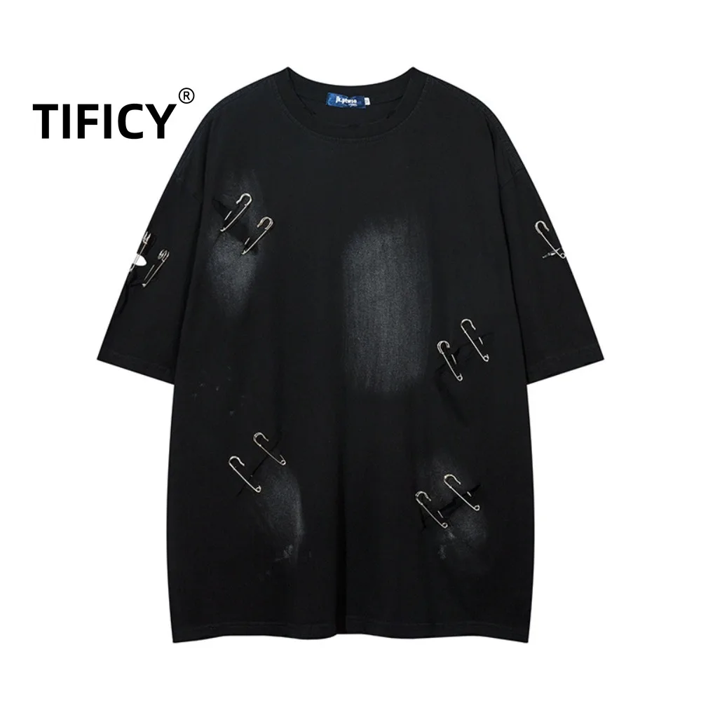 

High Street Tees T Shrits Men's Retro Vintage Distressed Hole Back Needle Printed Short Sleeved T-shirt Spring and Summer