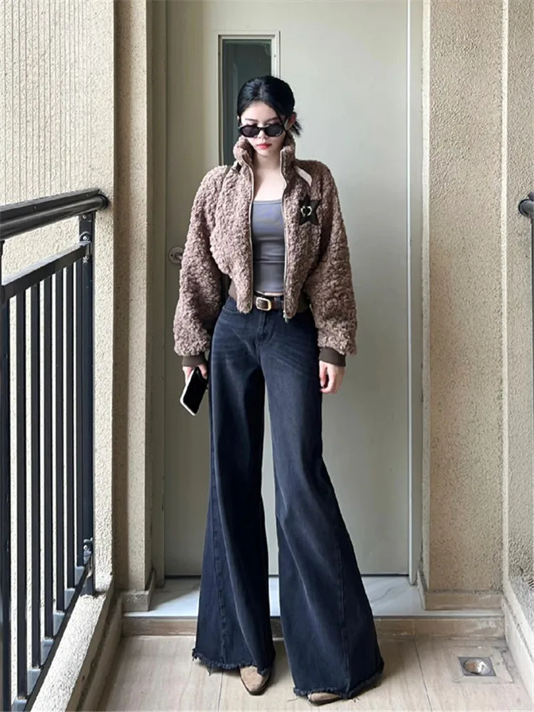 

Женские джинсы с высокой талией и широкими штанинами, осенне-зимние, с рваным краем, свободные, струящиеся, в пол, с эффектом похудения