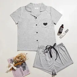 Solid Women's Pajamas Set Short Sleeves Heart Print Front Button Top Tee&Drawstring Elastic Waist Shorts Female 2 PCS Sleepwear