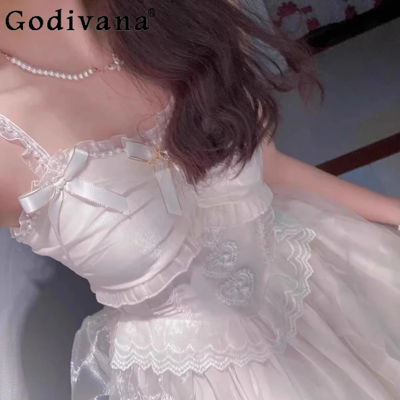 Women Lolita Princess Wedding Dress with Large Hem Birthday Banquet Strap Dress with Bow and Train Girls Summer Marriage Dress
