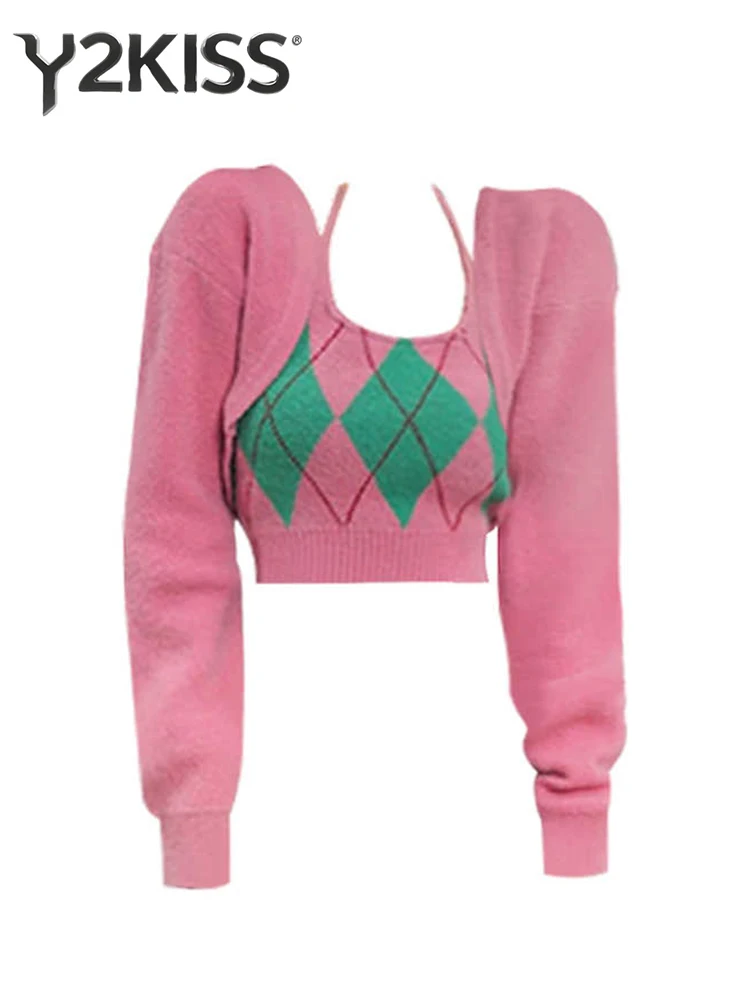 

Women's Two Piece Sets Y2k Crop Jerseys Gyaru Pullovers Cuddly Sweater Long Sleeve Cardigan + Halter Top Knitwear Korean 2000s