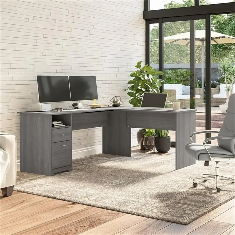 L Shaped Desk with Drawers for Executive and Home Office | Cabot Collection Corner Table with Storage and Chrome Hardware Return