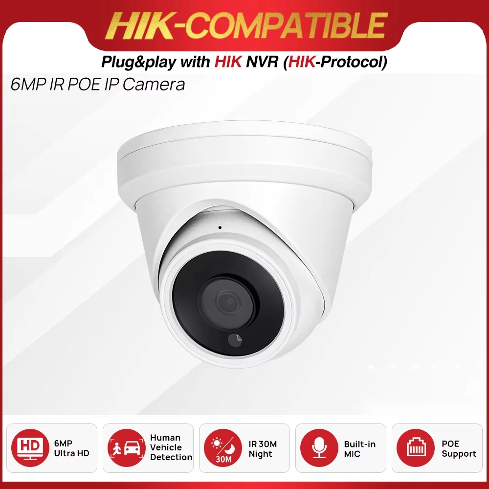 

6-мегапиксельная мини-камера с POE, ИК-встроенный микрофон, обнаружение транспортных средств, ночное видение, видеонаблюдение, безопасность, видеонаблюдение, совместимость с Hikvision