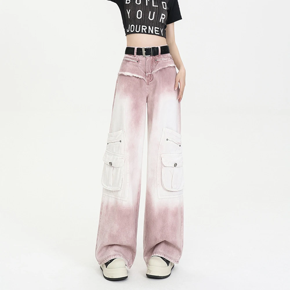 

American Workwear Denim Jeans No Belt Women Spring Autumn New High Waisted Loose Tie Dye Design Slimming Wide Leg Floor Pants