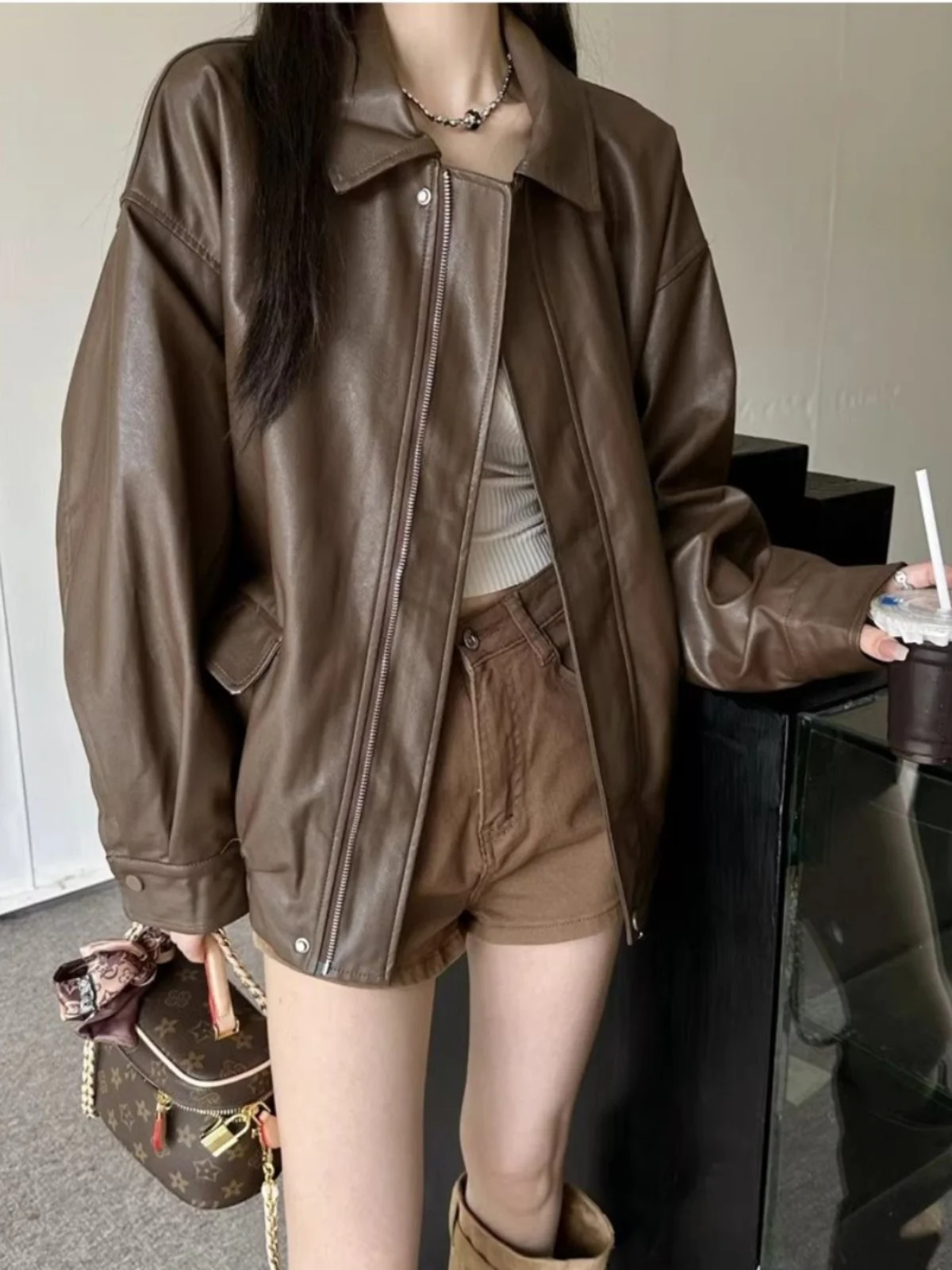 سترة جلدية بنية عتيقة ملابس خارجية قصيرة للنساء لربيع الخريف أسود رائع للدراجات النارية من جلد البولي يوريثان فضفاض بنمط الشا... #5