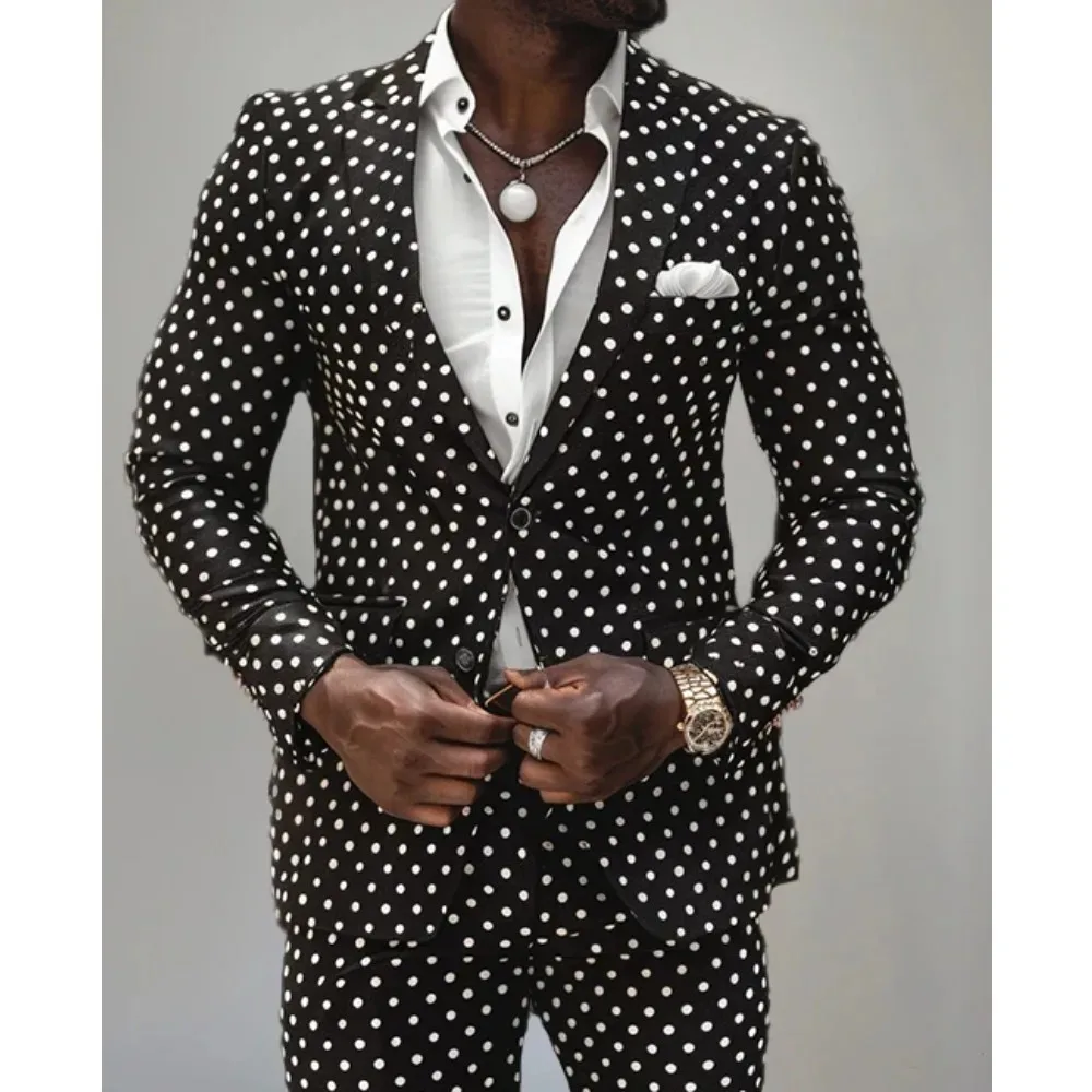 

Casual Men's 2 Piece Suit Stylish Polka Dot Lapel Single-Breasted Jacket with Casual Trousers Fashionable Office Work Blazer Set
