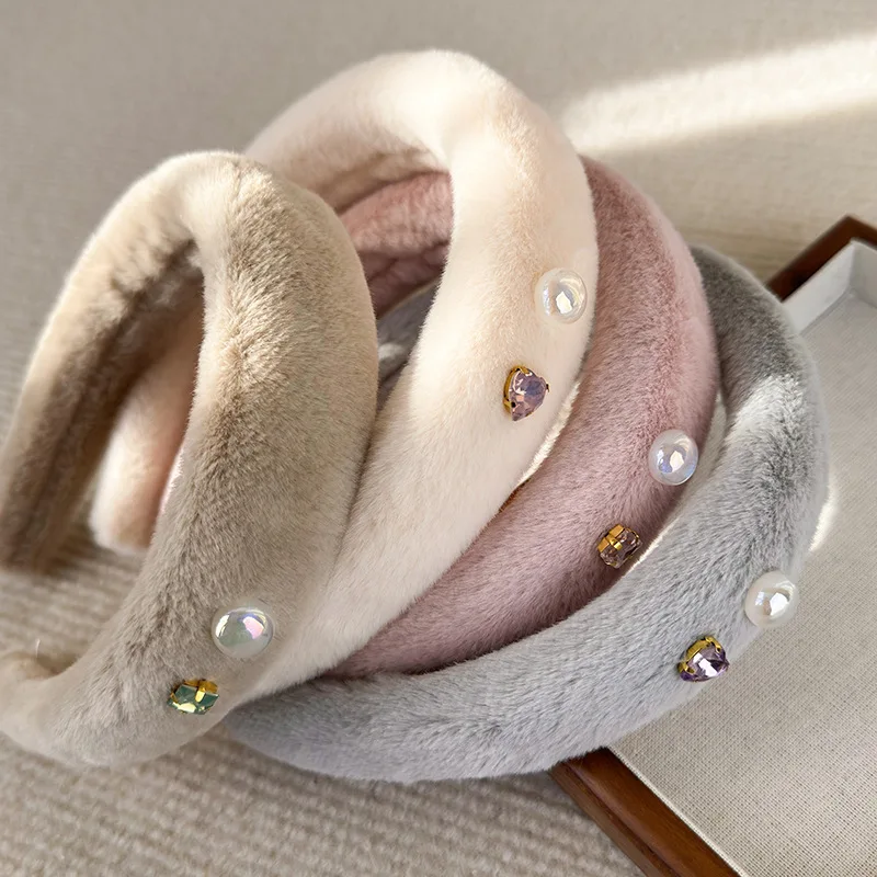 New Retro Pearl Rhinestone Plush Texture Sponge Thickened Headbands Simple Solid Color Hairbands Woman Fashion Elegant Hair Hoop