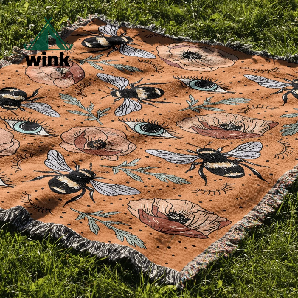 Bee Camping Multifunctional Chenille Blanket, Outdoor Picnic Blanket, Sofa Cover, Bohemian Cover