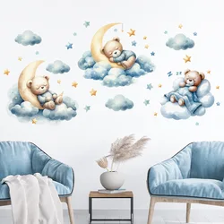 Watercolor Bear Sleep Moon Cloud Wall Stickes for Baby Room Kids Bedroom Wall Decals Nursery Kindergarten Background Wall Decor