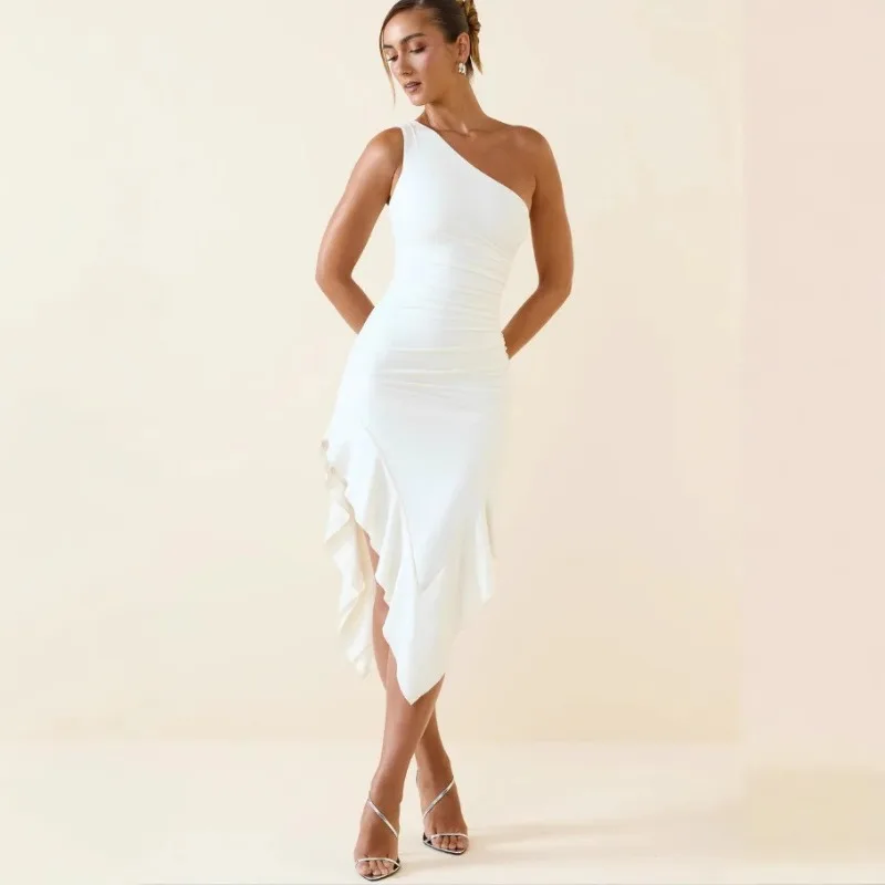 European American Women's One-Shoulder Bodycon Waist-Cinching Slim Fit Dress for Evening Gatherings Party Celebrations Formal