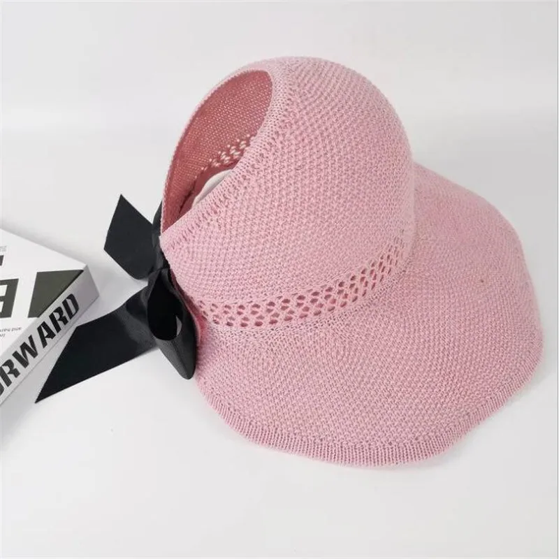 Sombreros de sol con visera y lazo para mujer, sombrero de paja de rafia hecho a mano, sombra informal, Top vacío, Playa