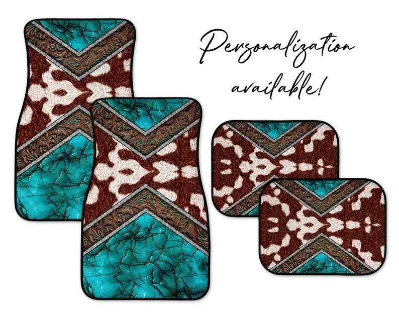 

Cow Hide Turquoise Western Car Mats, Personalization Available