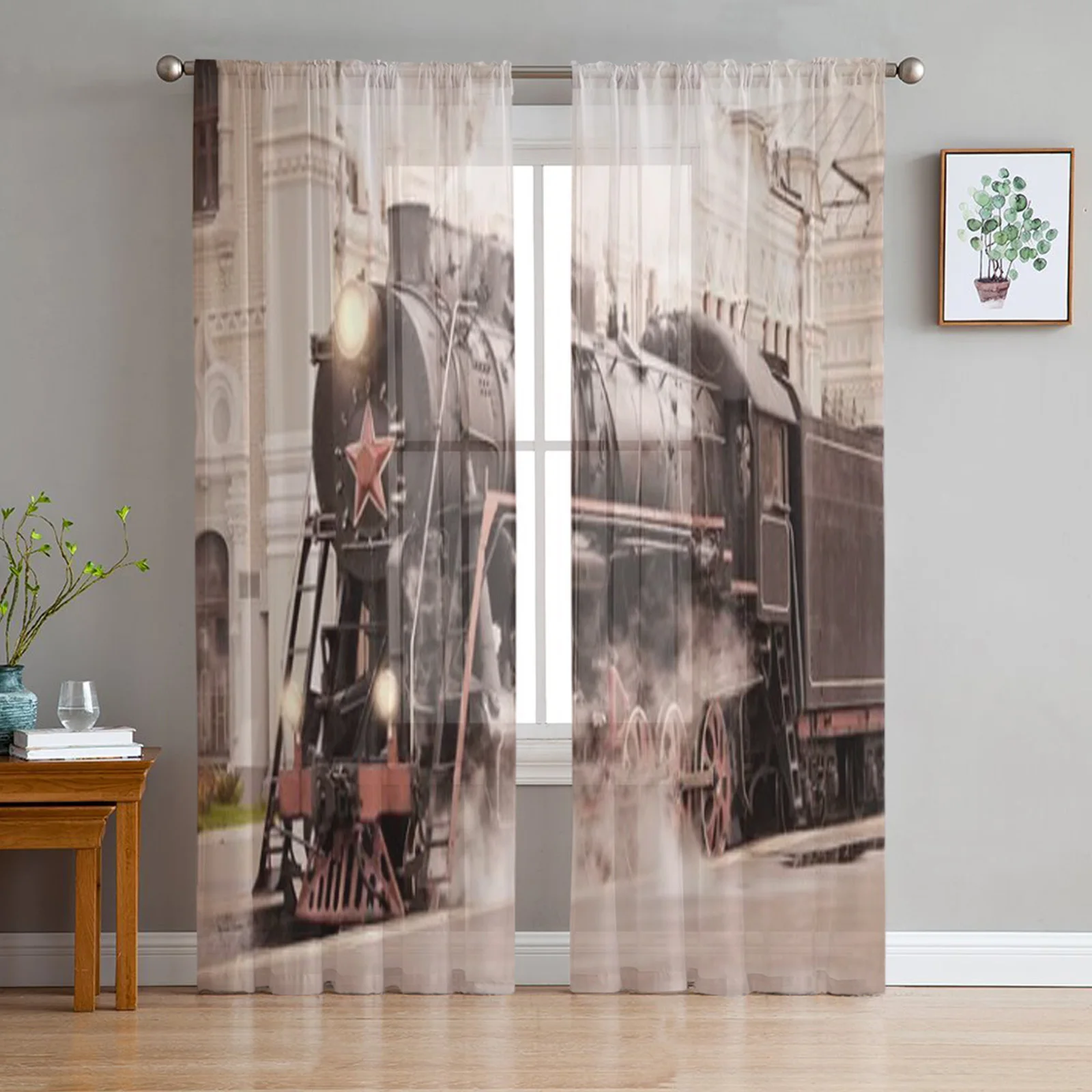 Retro Steam Train Stands On The Railway Station Chiffon Sheer Curtains for Living Room Bedroom Window Voiles Tulle Curtain