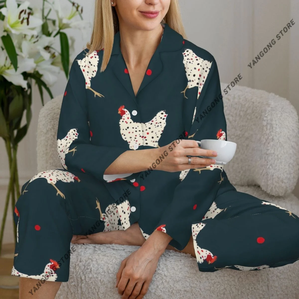 

Women Sleepwear Loungewear Cute Hens Chicken Print Long Sleeve Lapel Neck Shirt and Elastic Waist Pants Pajamas Set