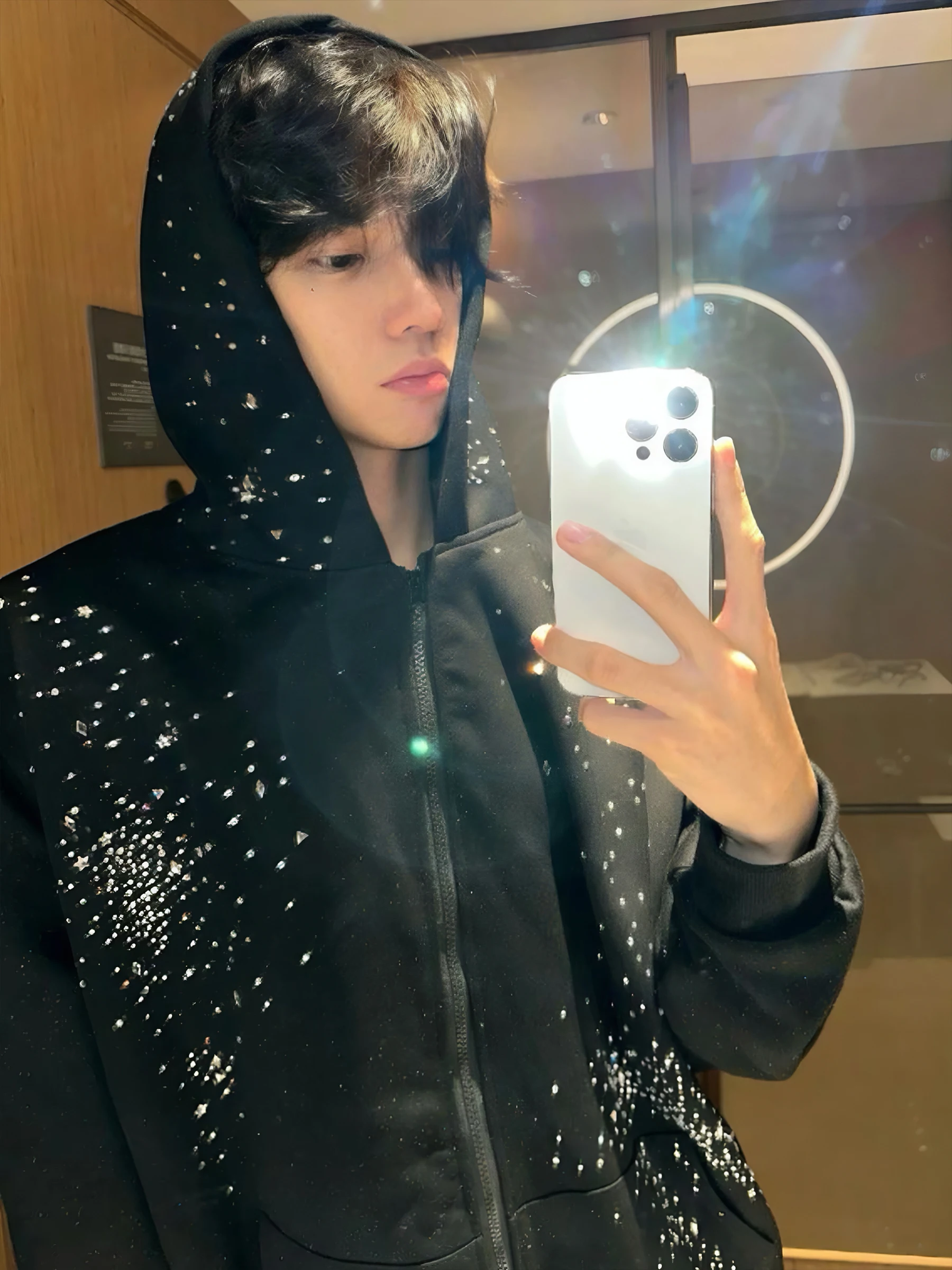American Retro High Street Starry Sky Rhinestone Hooded Sweatshirt for Women Winter Fleece-Lined Warm Loose  Zipper Jacket