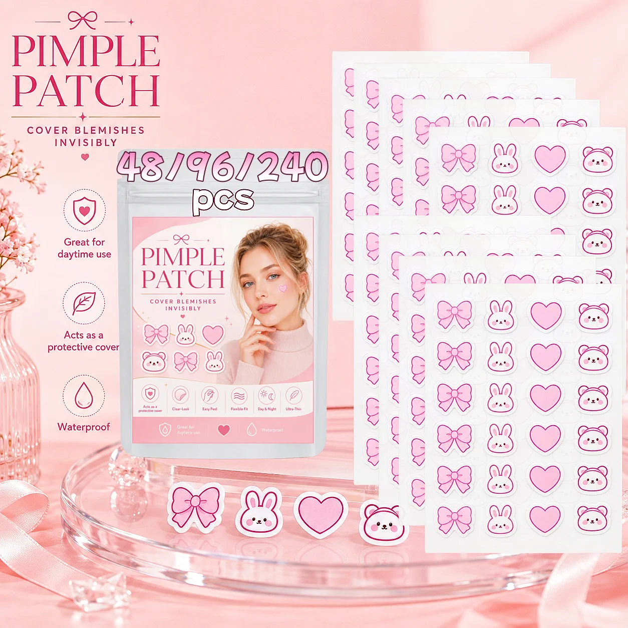 48/96/240pcs Cute Bow Bunny Heart & Bear Pimple Patches, Lightweight, Skin-Friendly, Photo-Ready for Daily Styling