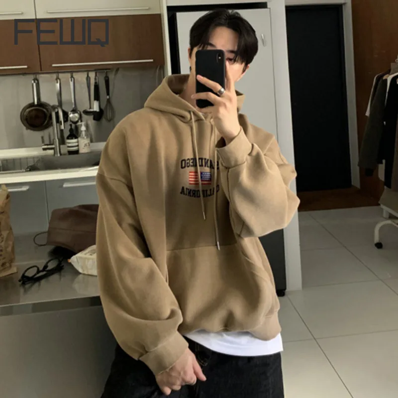 FEWQ 2024 Winter New Fashion Men's Hoodies Alphabet Embroidery Print Design Long Sleeve Safari Style Male Sweatshirt 24E2761