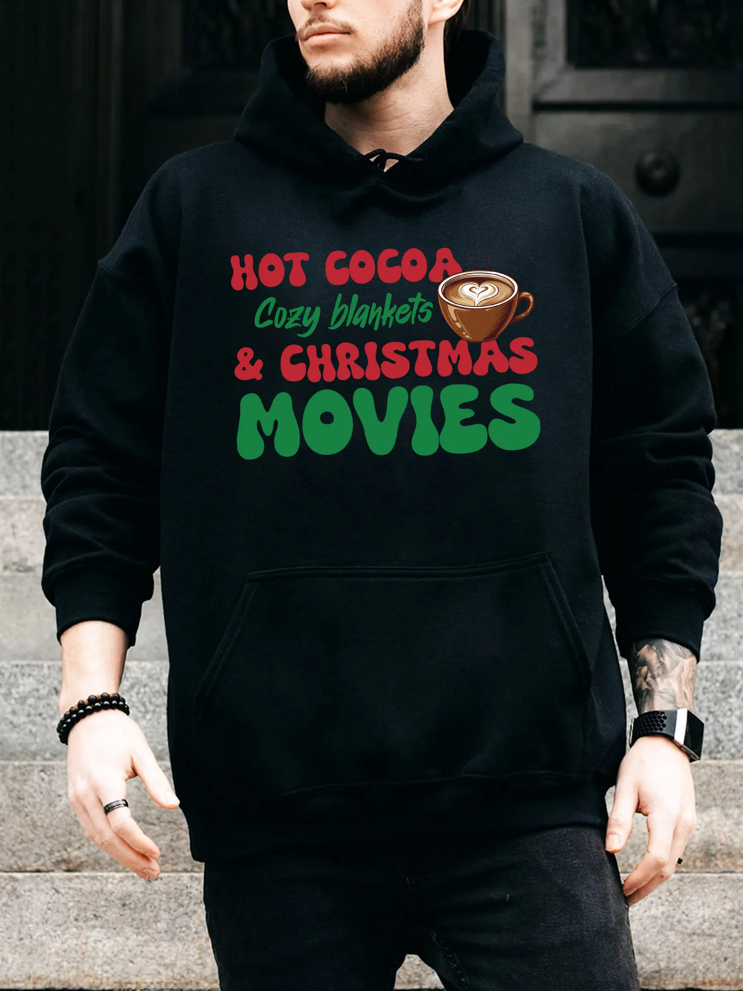 

Мужская толстовка с капюшоном на шнурке Hot Cocoa & Xmas Movies — повседневный удобный черный пуловер, осенне-зимняя толстовка с капюшоном