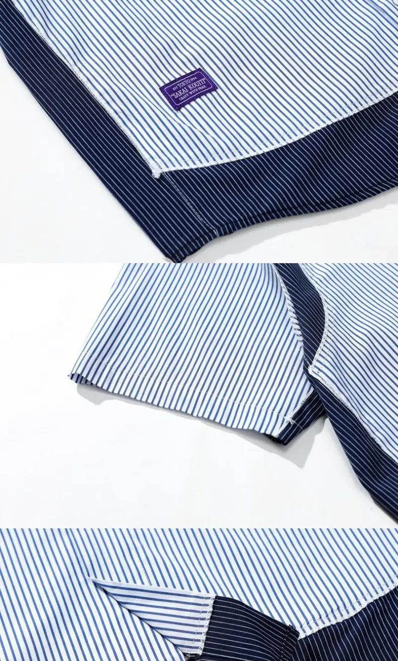 Summer Japanese Striped Short-sleeved Shirt Men's Contrasting Color Loose Splicing Fake Two-piece Jacket