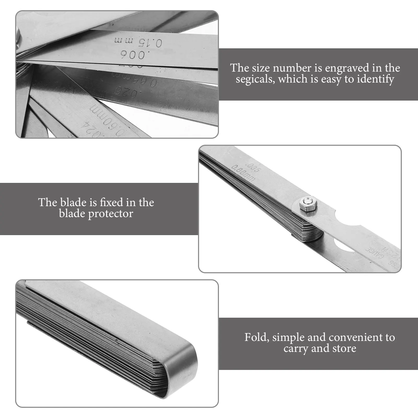 Imagen 7: 1 Juego de medidor de espesor de acero inoxidable, herramienta de medición de espacio de válvula Imperial métrica de doble marca para motor de guitarra