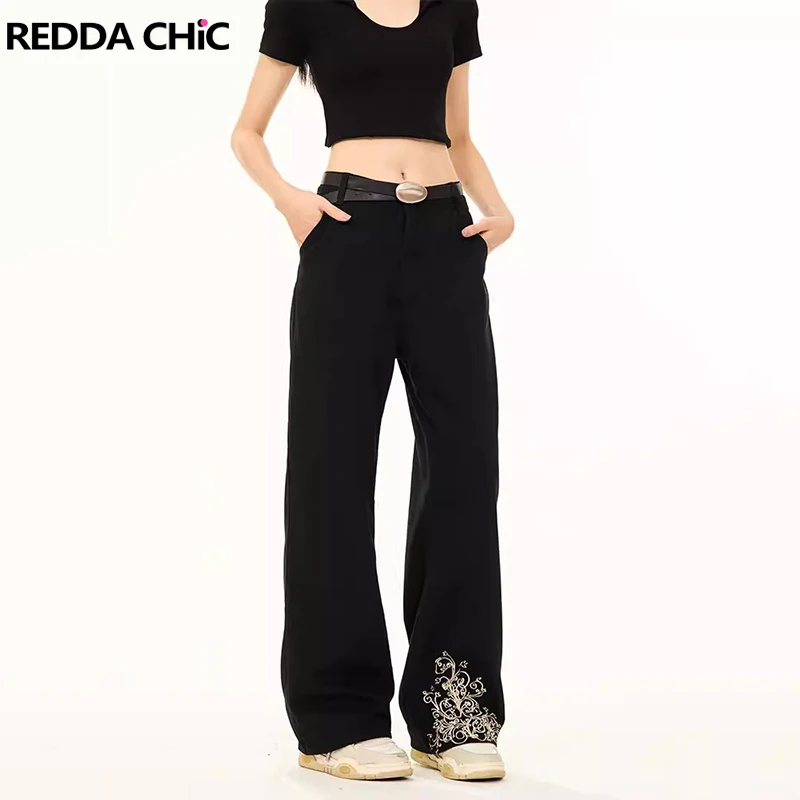 

REDDACHiC Embroidered Graphic Black Jeans Women Boyfriend Style Low Rise Baggy Jeans Wide Leg Denim Pants Acubi Fashion Clothes